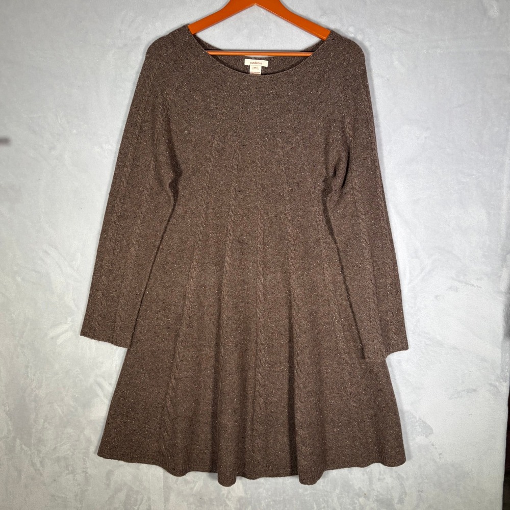 Sundance Sweater Dress Womens M Brown Donegal Lambswool Blend Cable Knit A-Line